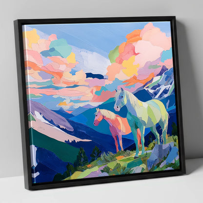 Technicolour Alpine Ridge horse landscape canvas wall art in black frame