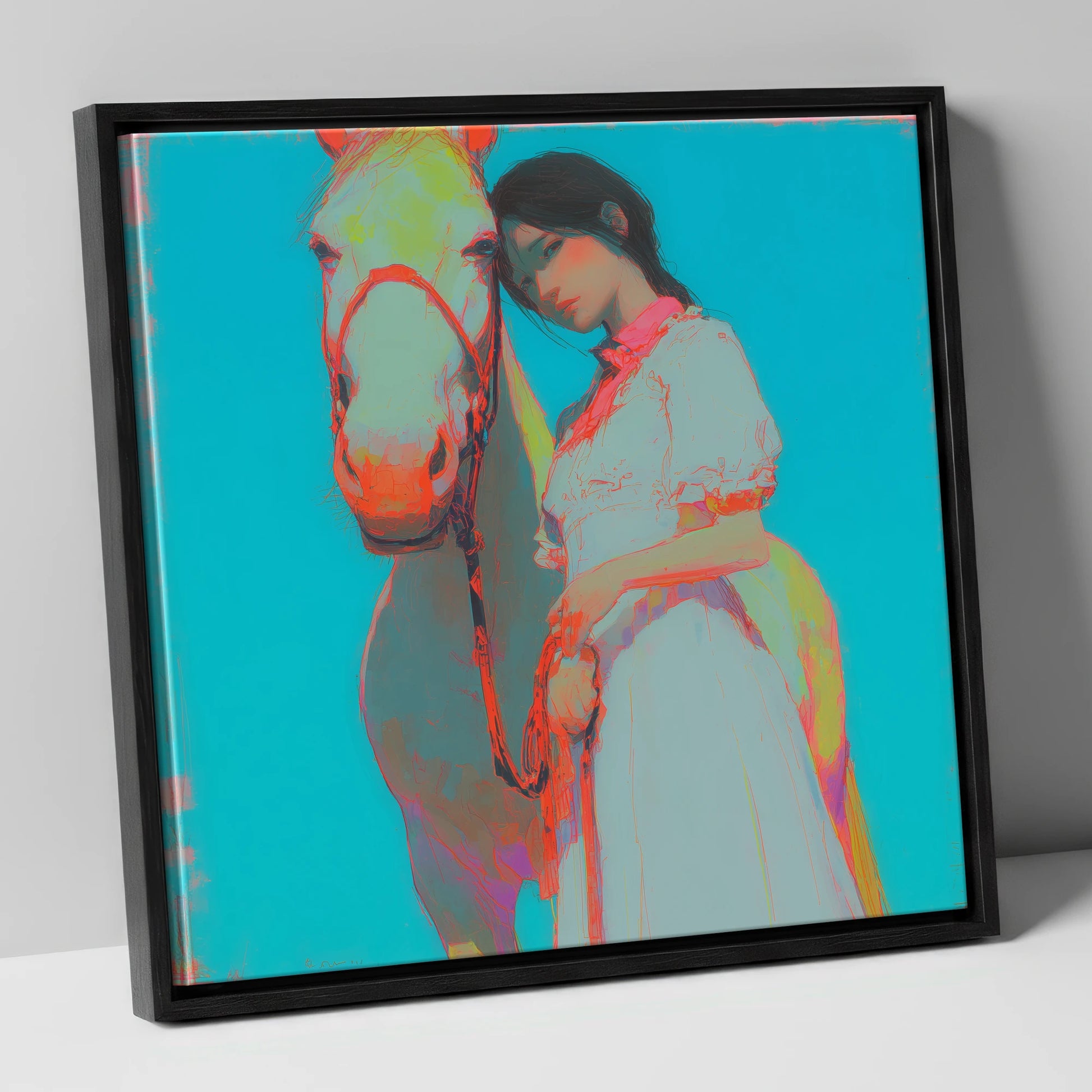 Electric Bond horse & rider canvas wall art in black frame