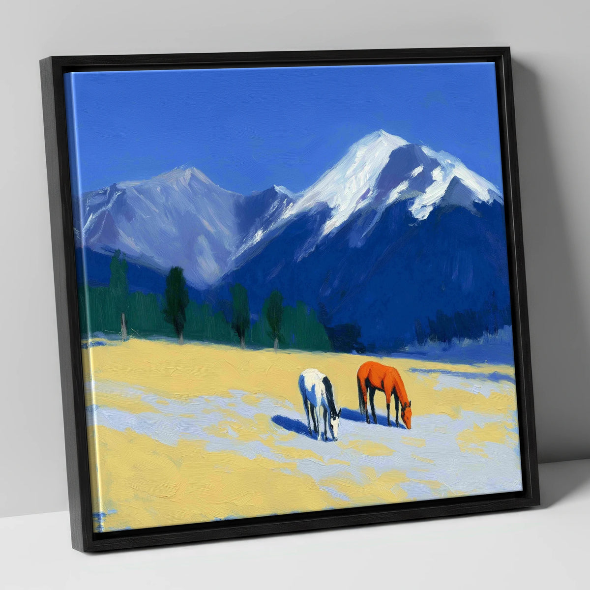 Azure Peaks and Golden Grazing horse landscape canvas wall art in black frame