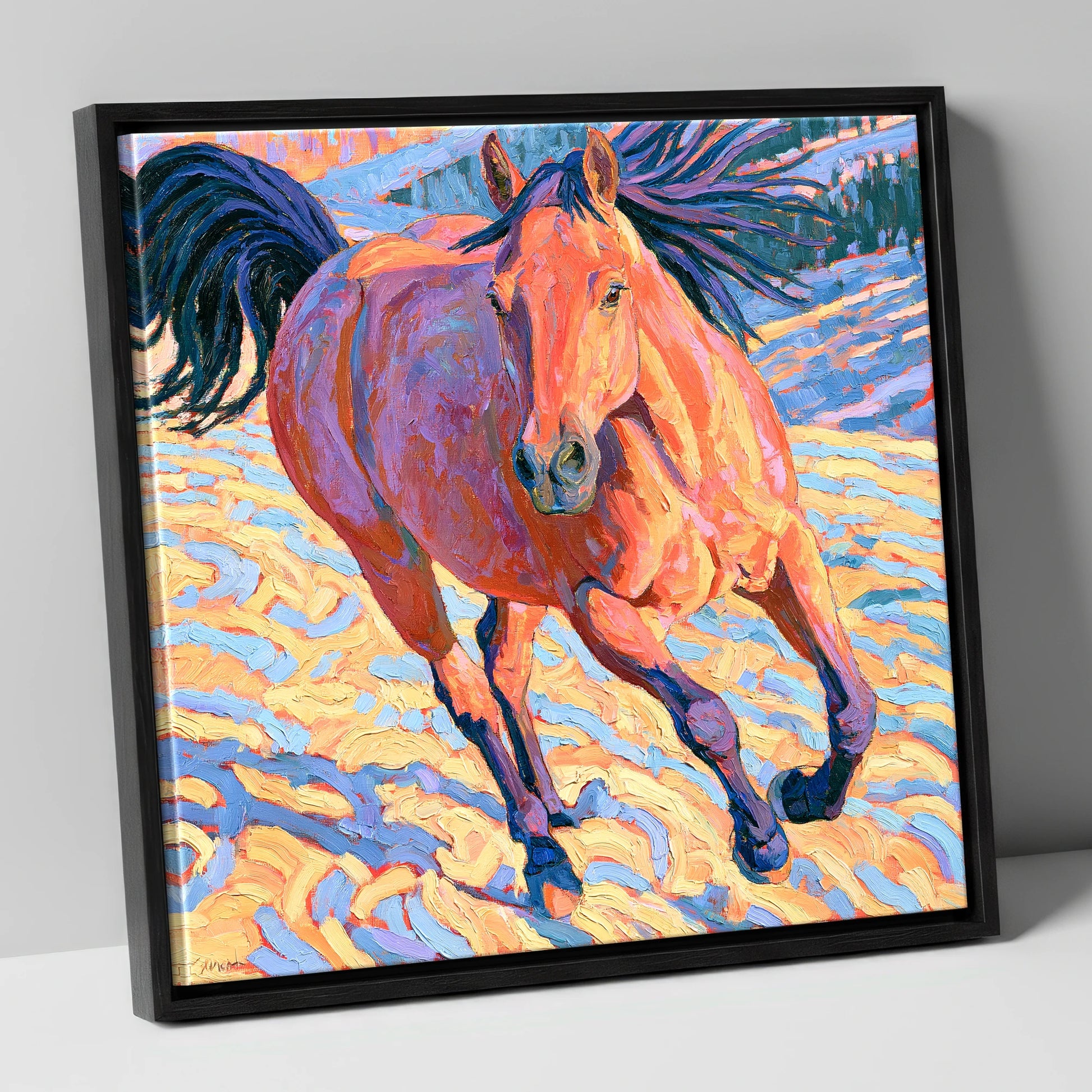 Vibrant Horse at a Canter horse breed canvas wall art in black frame