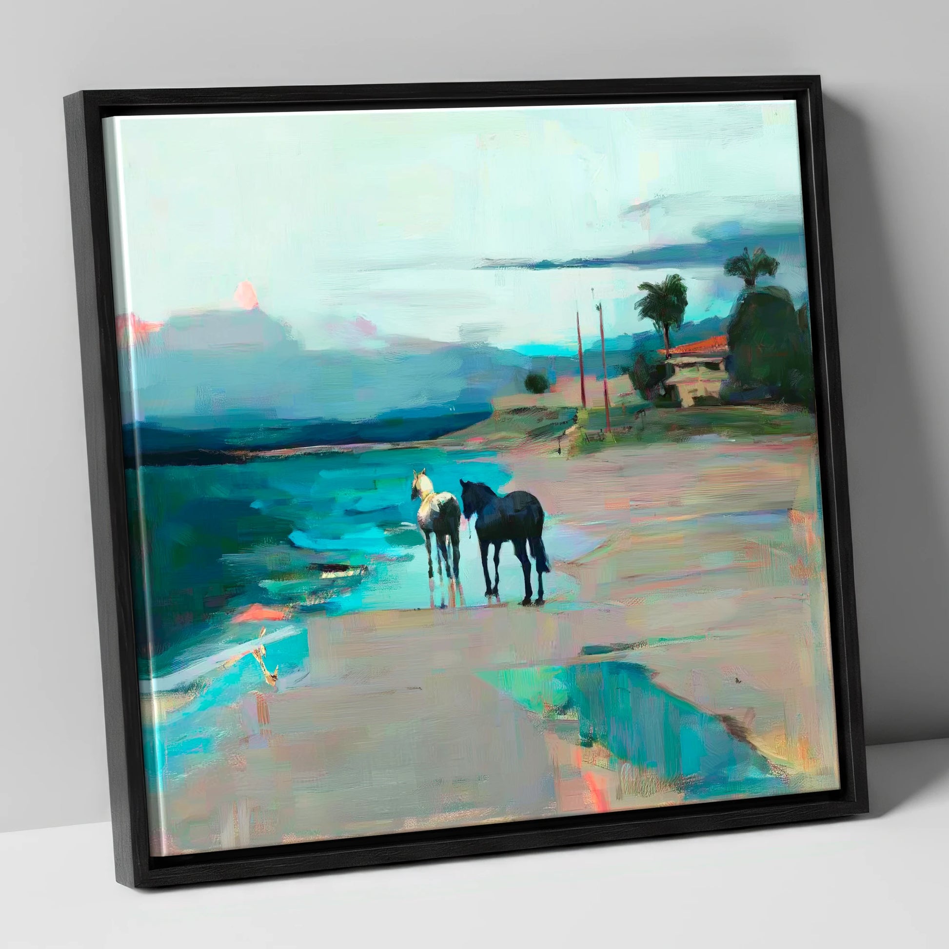 Dusk on the Shoreline horse landscape canvas wall art in black frame