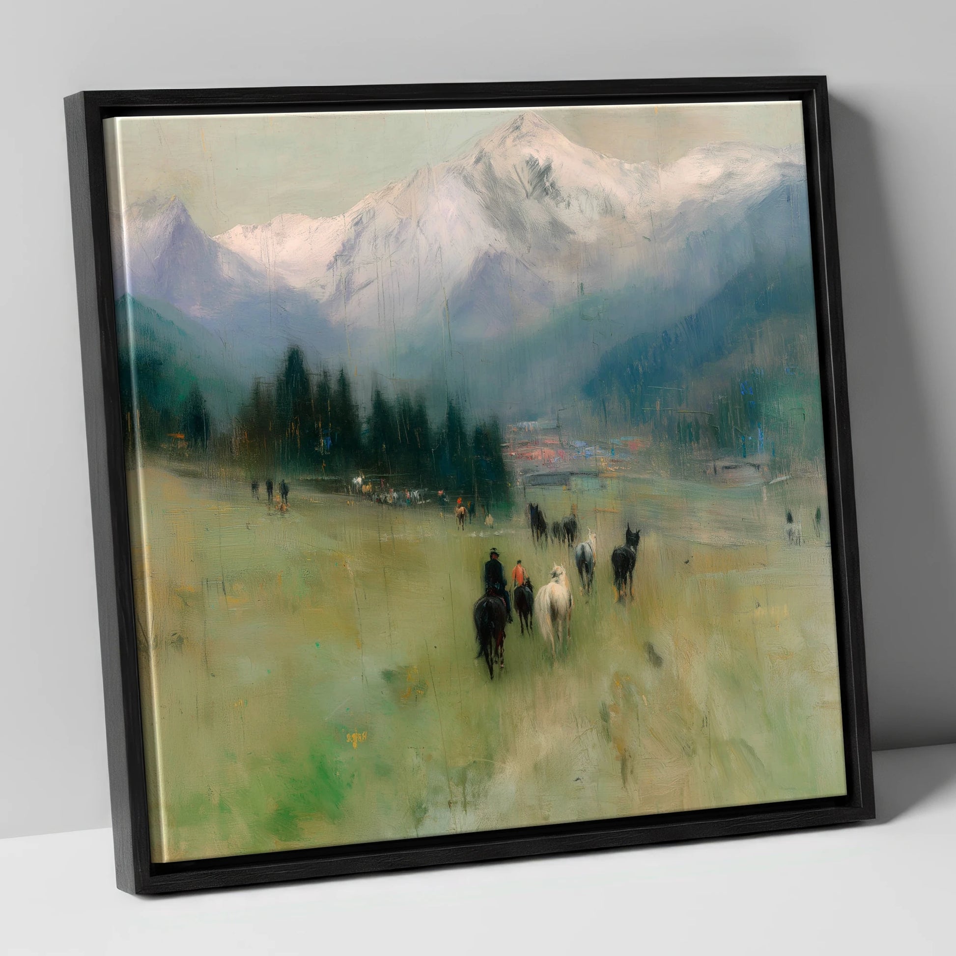 Distant Valley Ride horse landscape canvas wall art in black frame