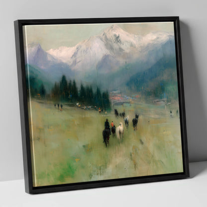 Distant Valley Ride horse landscape canvas wall art in black frame