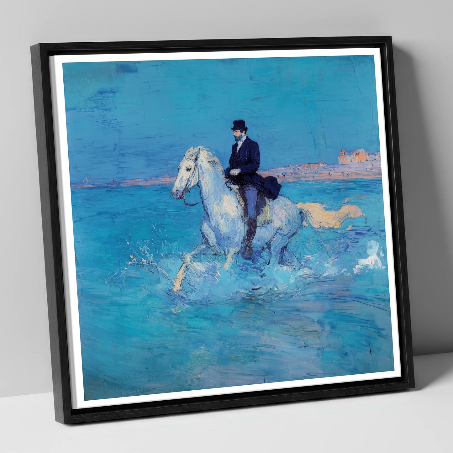Elegance on the Shore beach horse canvas wall art in black frame