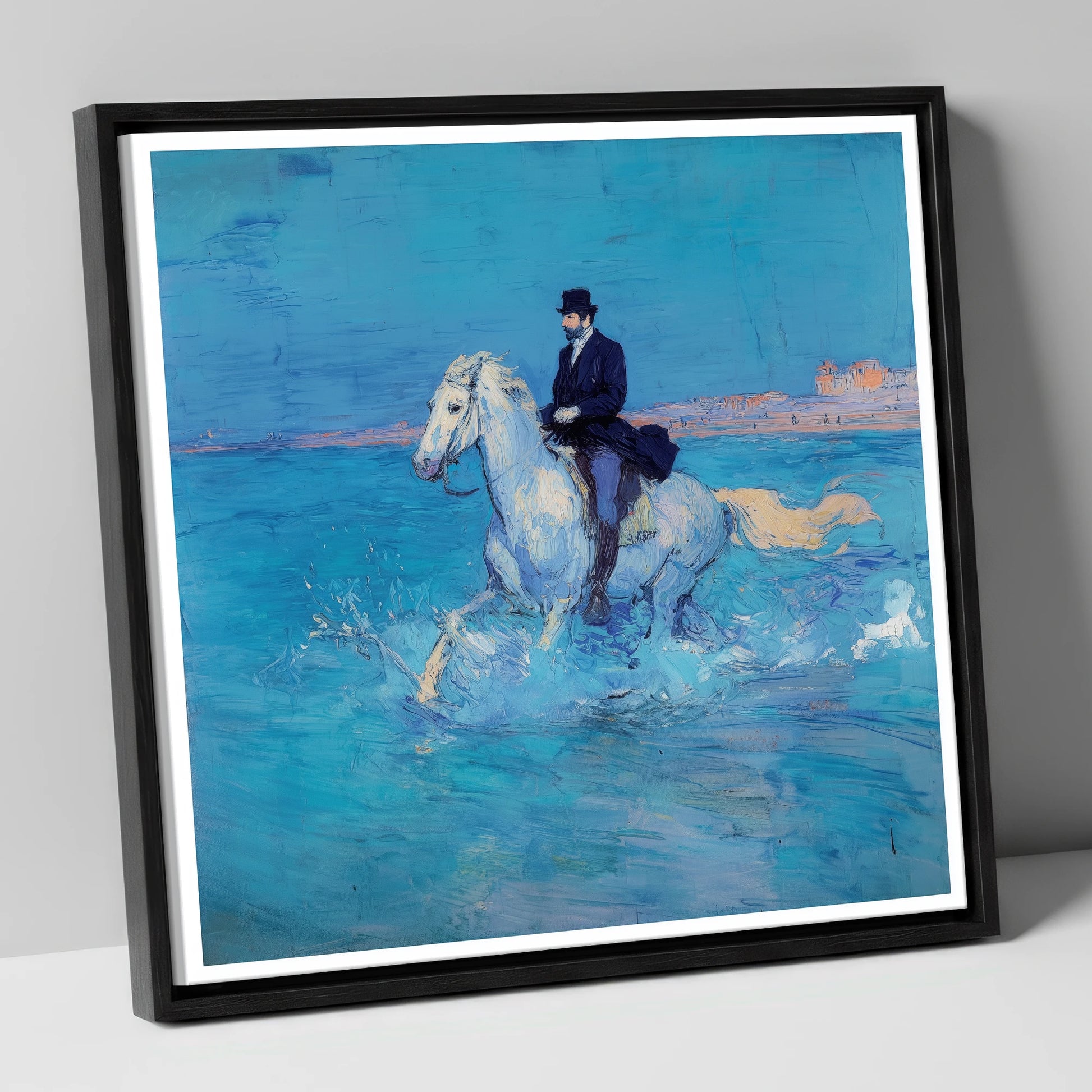 Elegance on the Shore beach horse canvas wall art in black frame