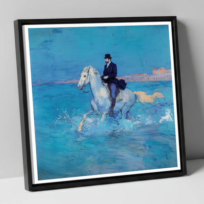 Elegance on the Shore beach horse canvas wall art in black frame