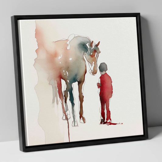 Horse and Child in Crimson horse & rider canvas wall art in black frame