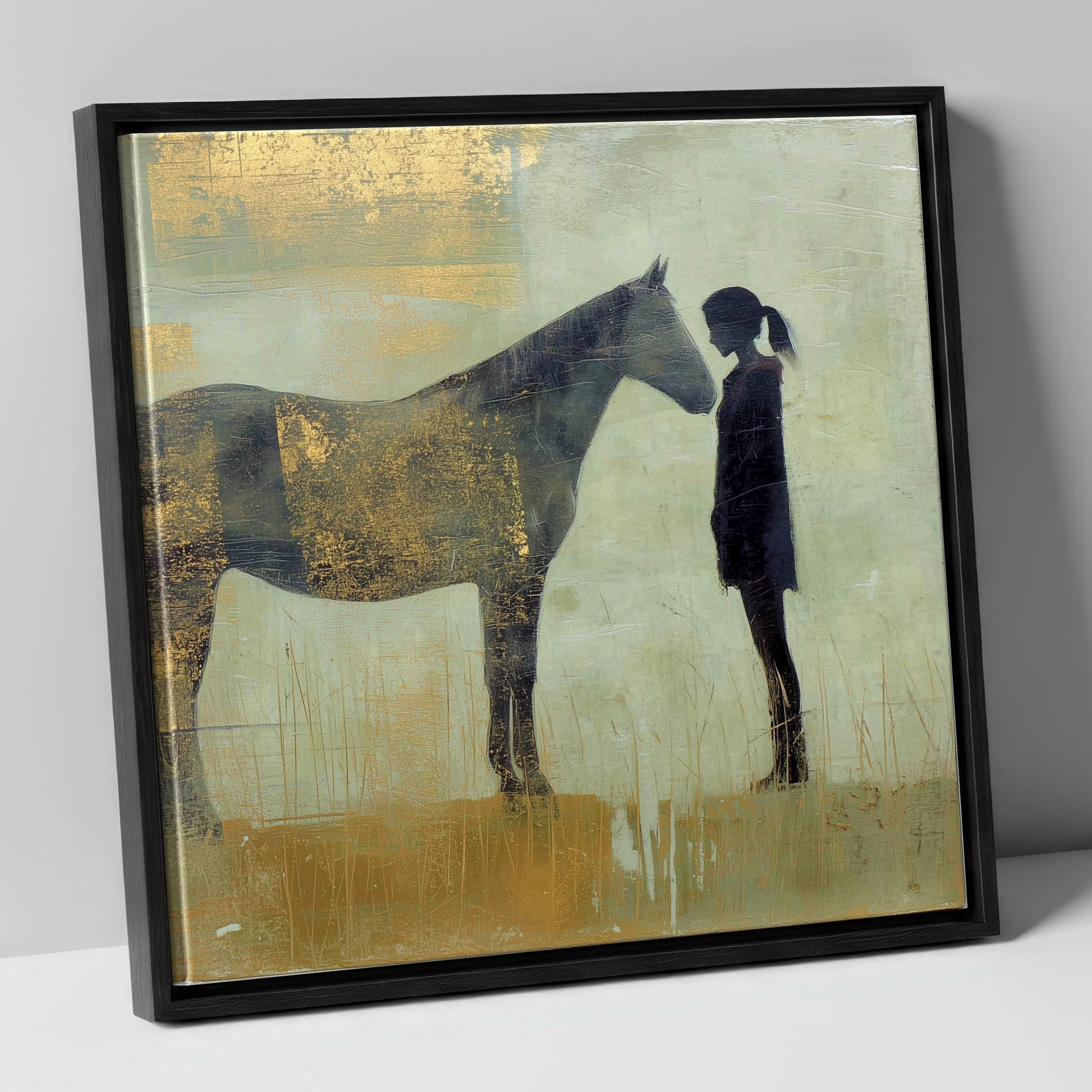 The Golden Bond horse & rider canvas wall art in black frame