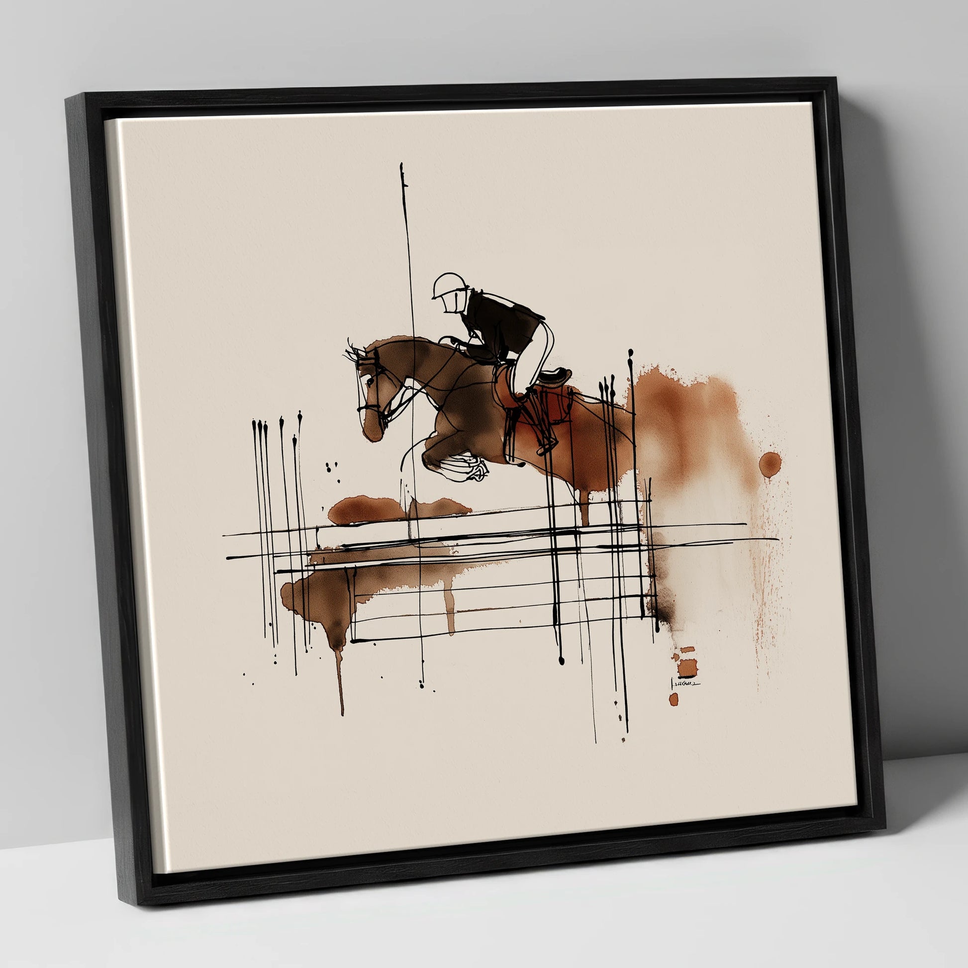 Fluidity in Flight show jumping horse canvas wall art in black frame