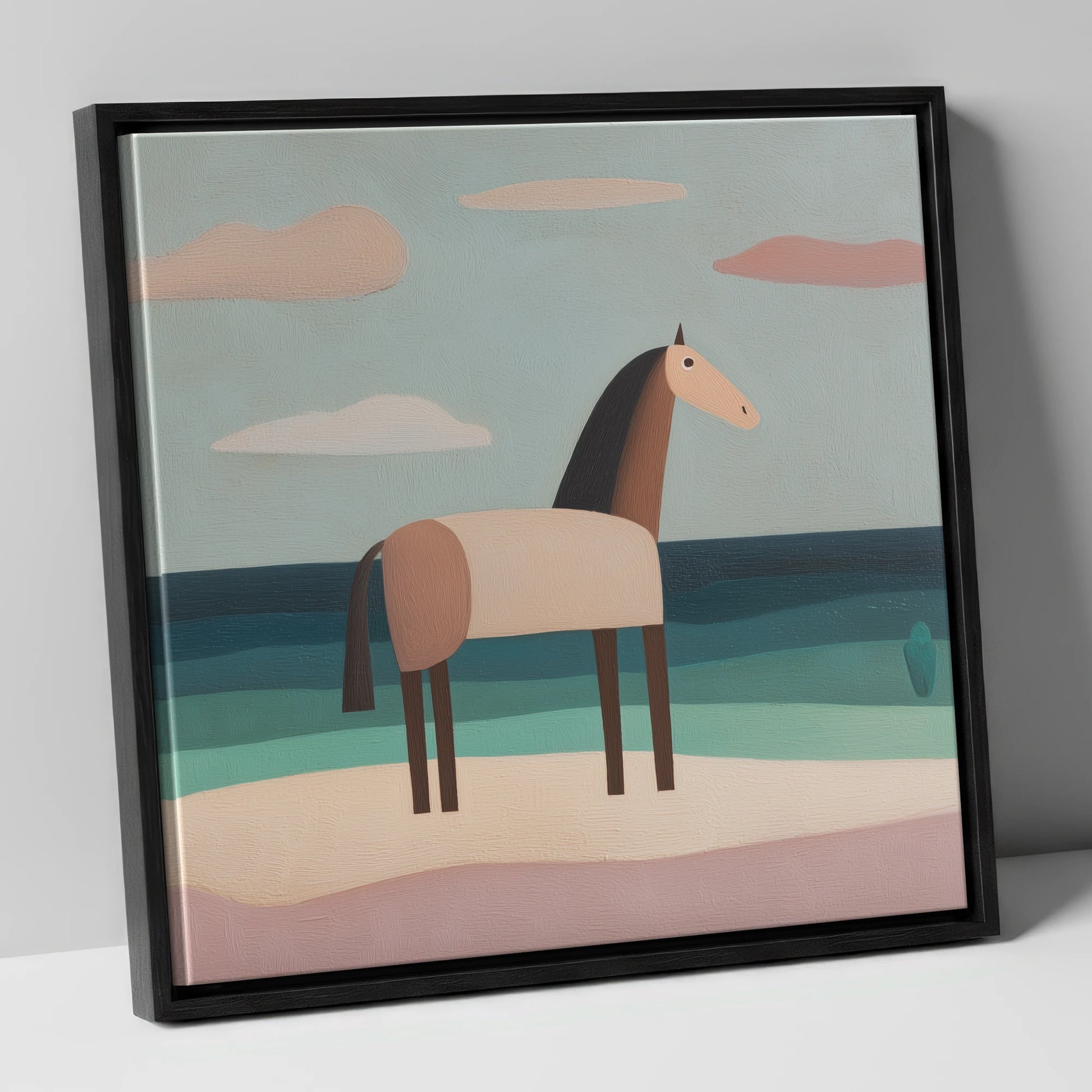 Tranquil Coastal Horizons horse landscape canvas wall art in black frame