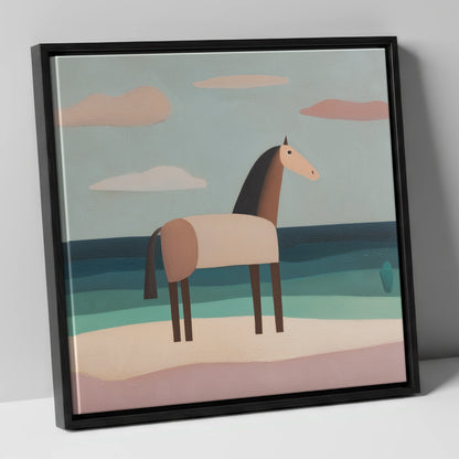 Tranquil Coastal Horizons horse landscape canvas wall art in black frame