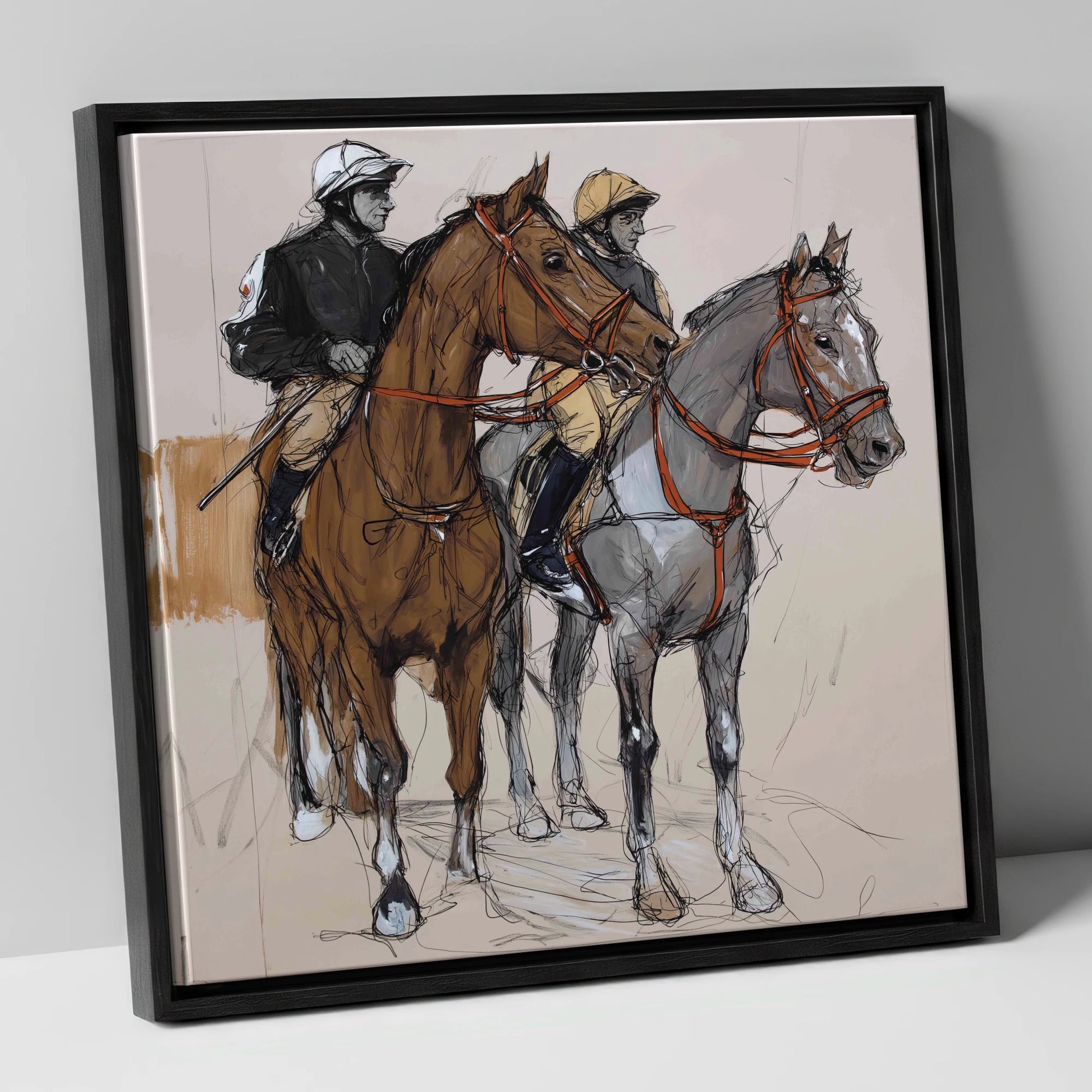 Waiting for the Off racing horse canvas wall art in black frame