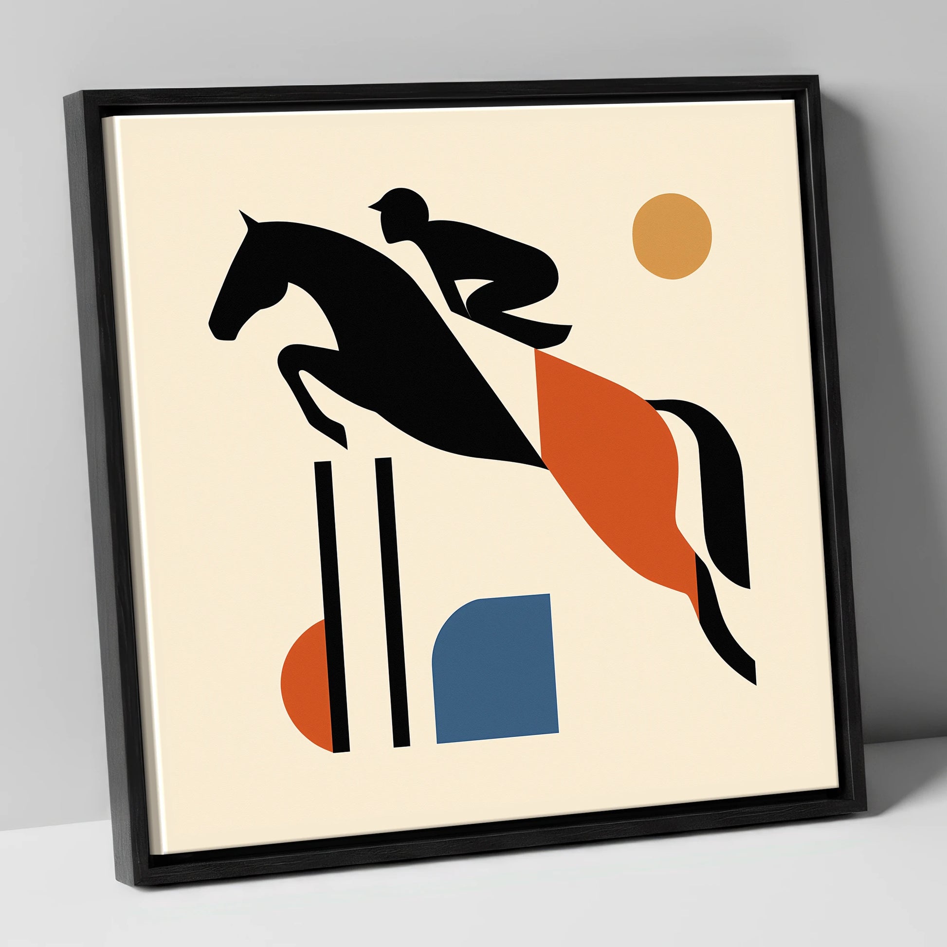 Retro Airborne Ascent show jumping horse canvas wall art in black frame