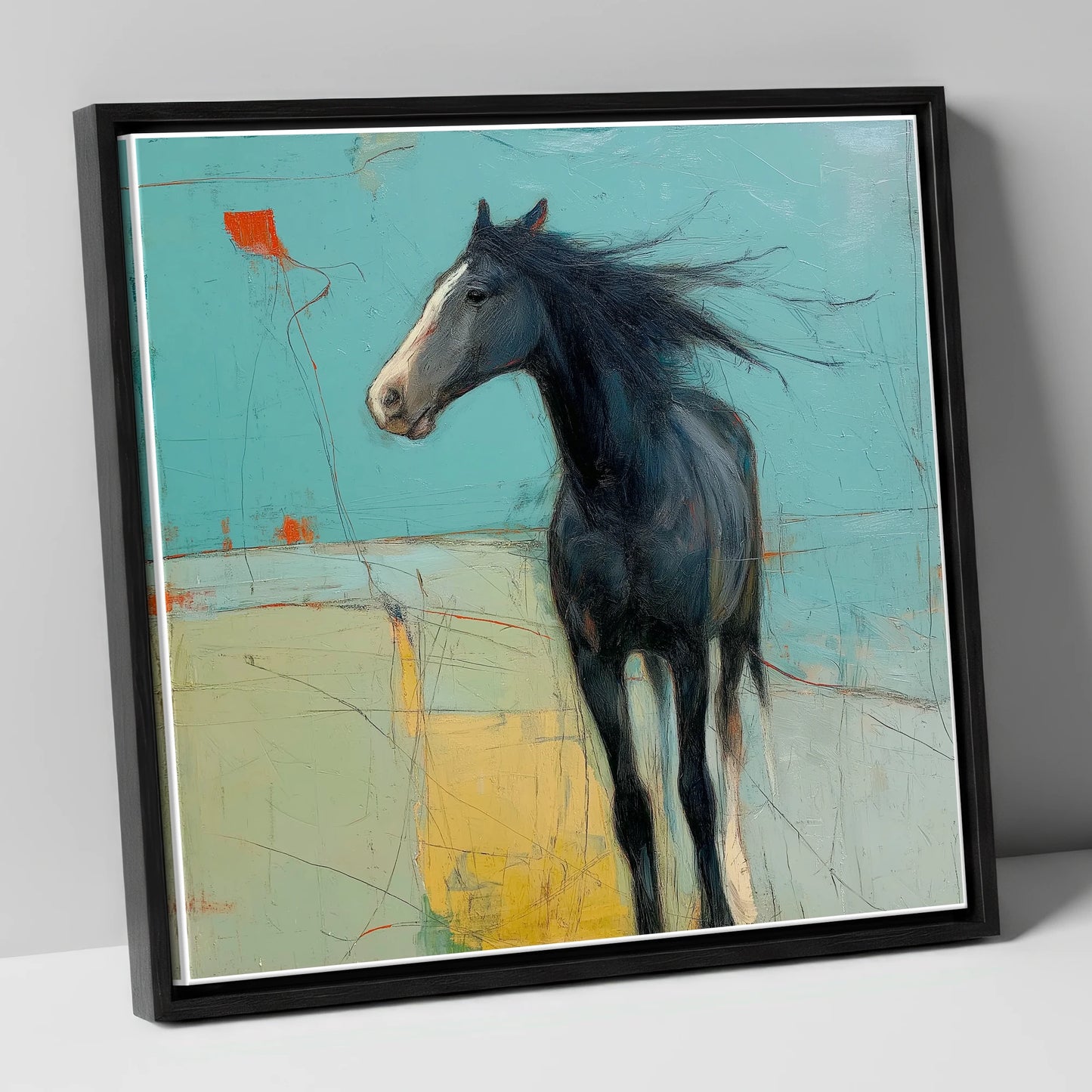 Abstract Windswept Equine horse portrait canvas wall art in black frame
