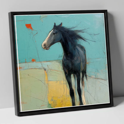Abstract Windswept Equine horse portrait canvas wall art in black frame