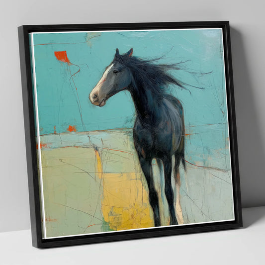 Abstract Windswept Equine horse portrait canvas wall art in black frame