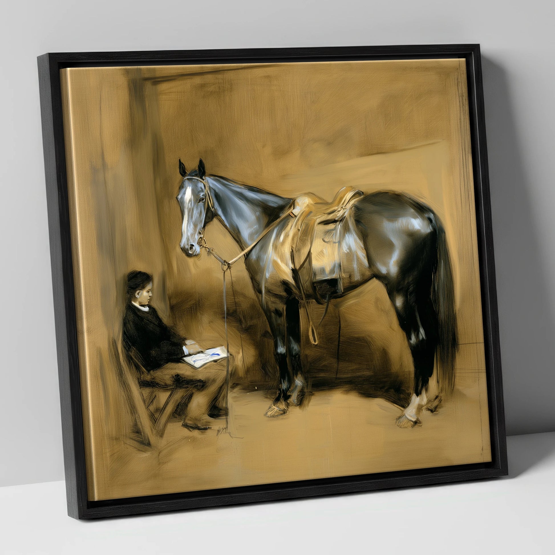 Quiet Stable Companions horse & rider canvas wall art in black frame