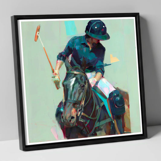 The Decisive Strike polo horse canvas wall art in black frame