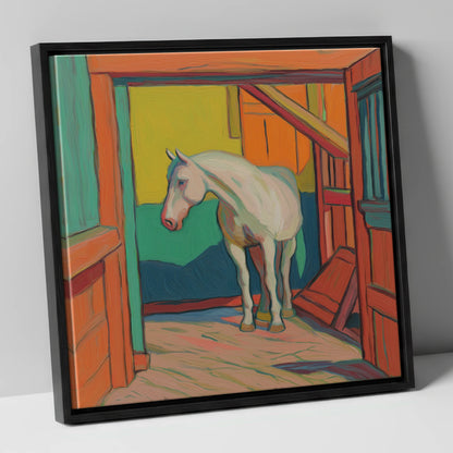 The Vibrant Stable horse stable canvas wall art in black frame