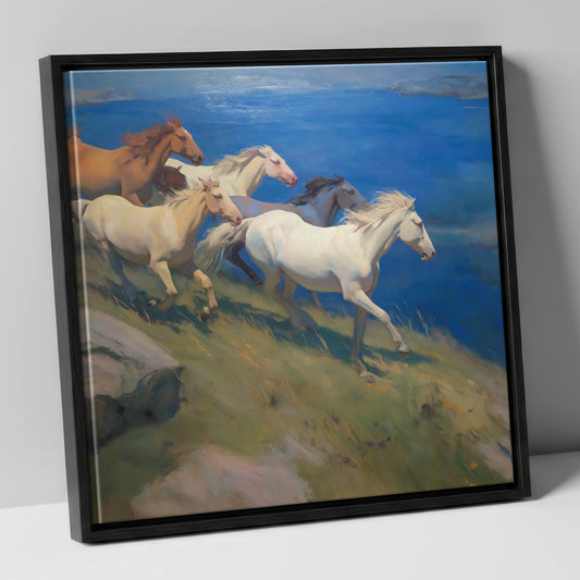 Azure Coastal Gallop wild horses canvas wall art in black frame