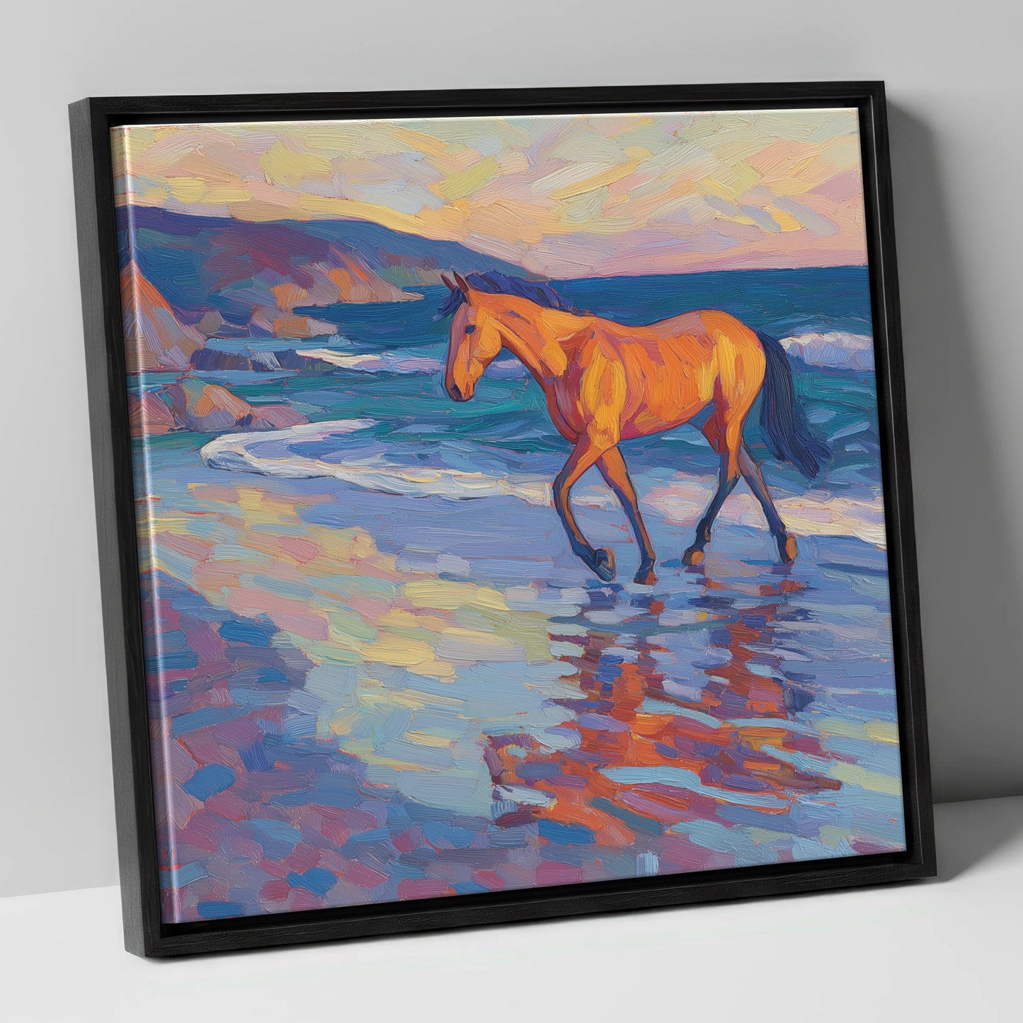 Vibrant Coastal Stride horse landscape canvas wall art in black frame