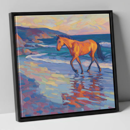 Vibrant Coastal Stride horse landscape canvas wall art in black frame