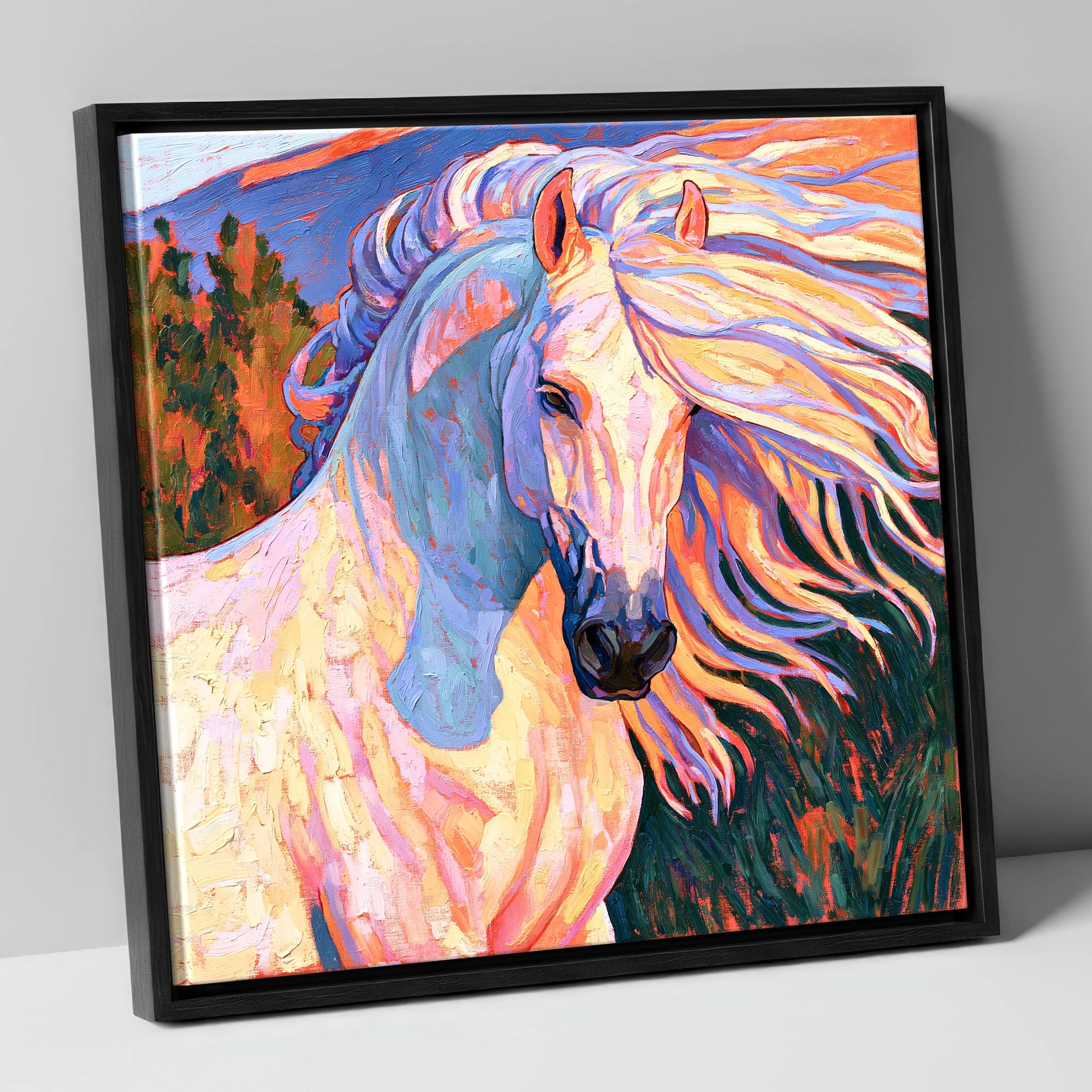 Colourful Andalusian Stallion Portrait horse breed canvas wall art in black frame