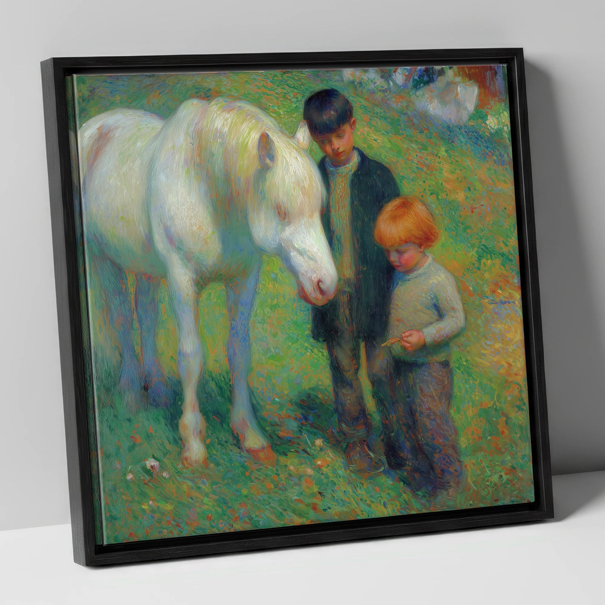 The Gentle Grey horse & rider canvas wall art in black frame