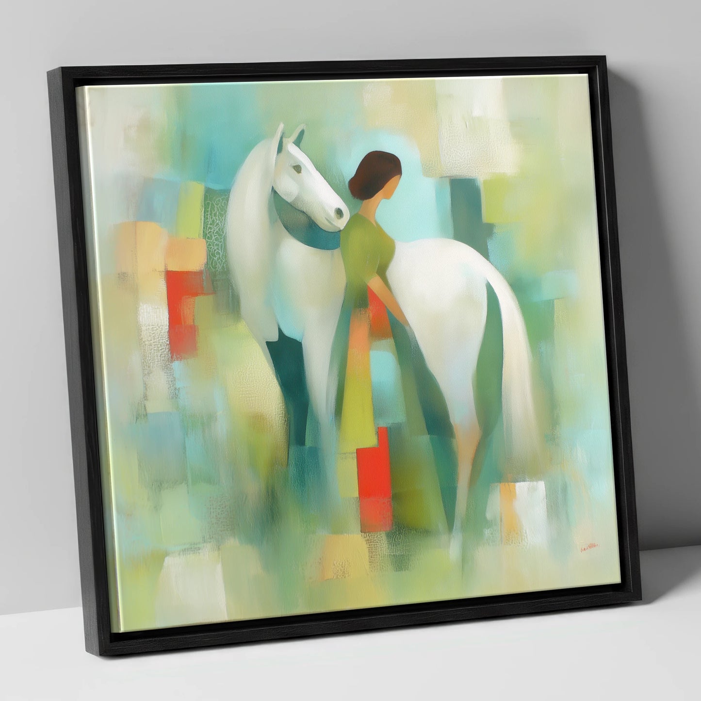 Verdant Harmony horse & rider canvas wall art in black frame