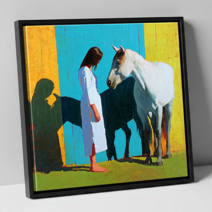 Sunlit Shadows horse & rider canvas wall art in black frame