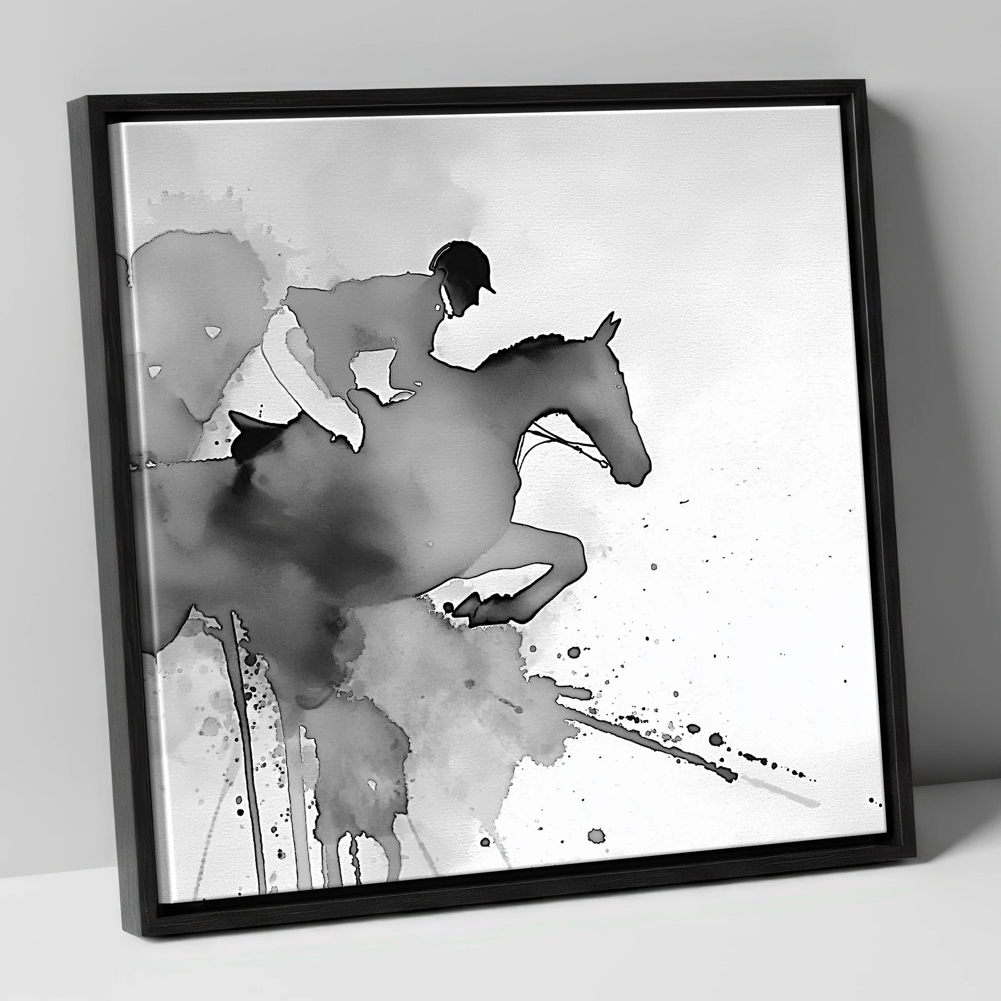 Ethereal Flight show jumping horse canvas wall art in black frame