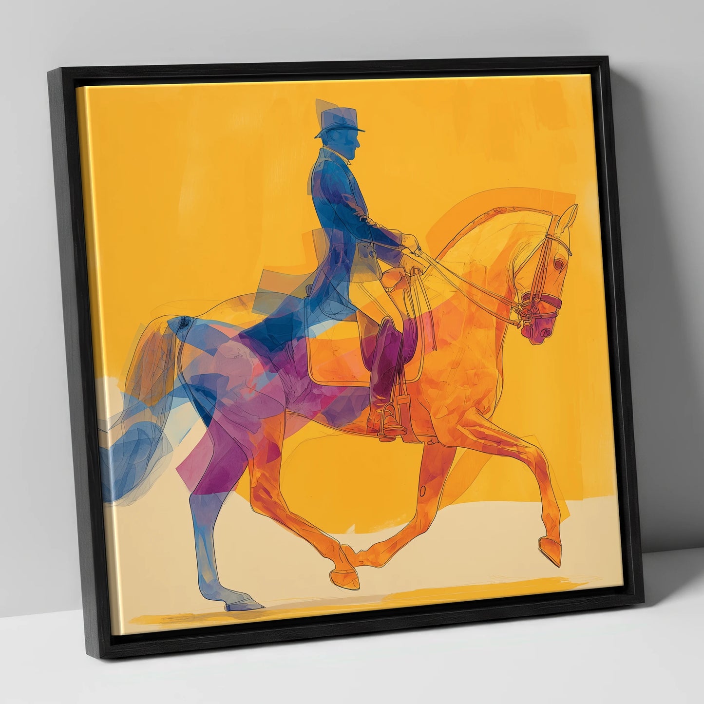 Cobalt and Gold Passage dressage horse canvas wall art in black frame