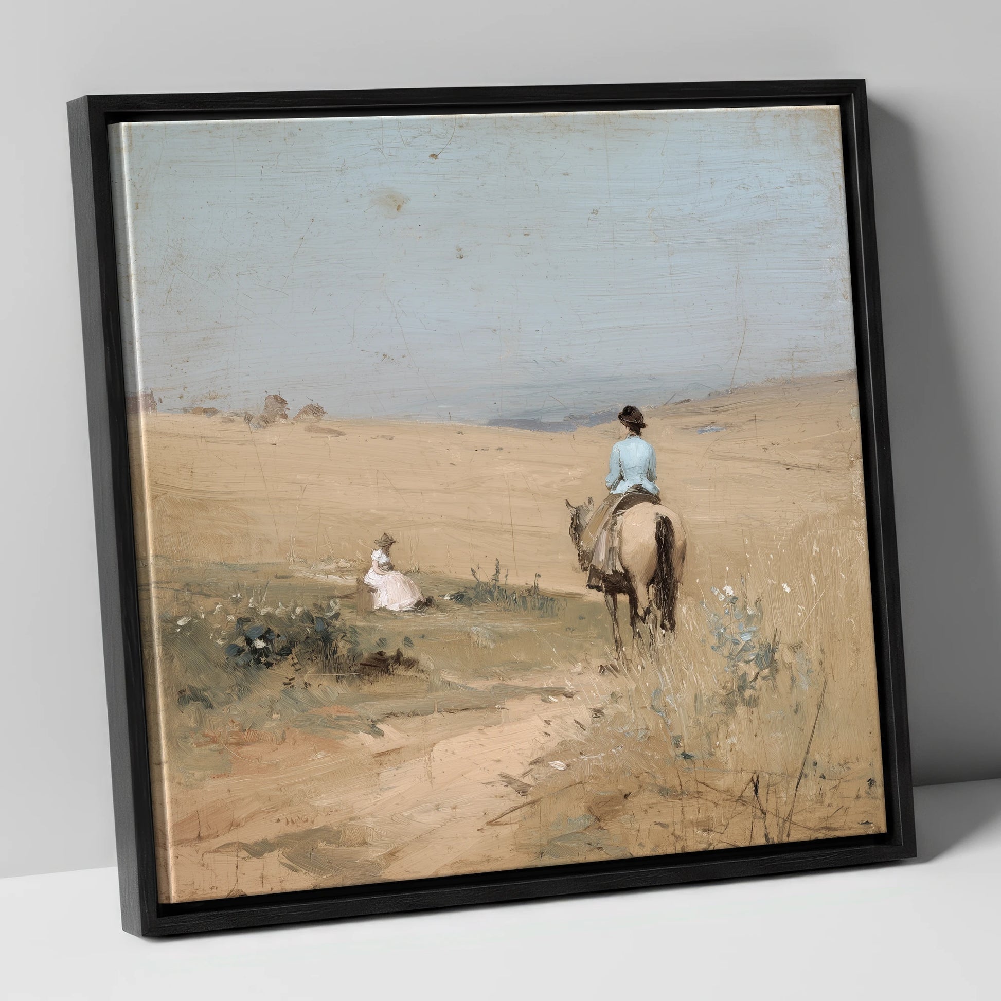 Hazy Summer Ride horse & rider canvas wall art in black frame