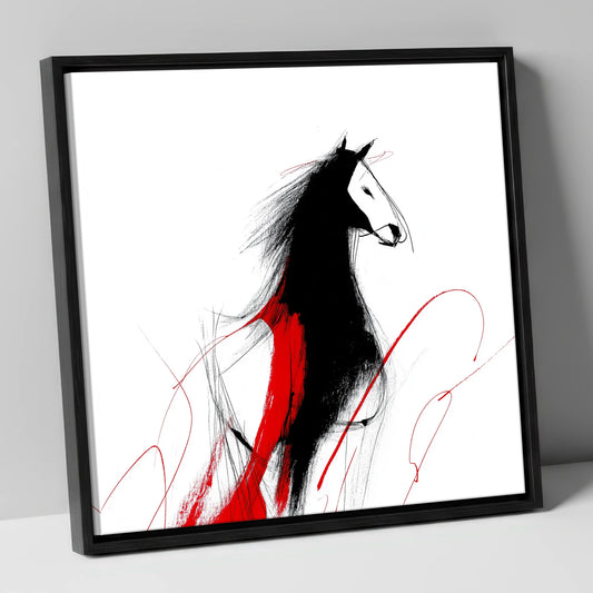 Crimson Equine Silhouette horse portrait canvas wall art in black frame