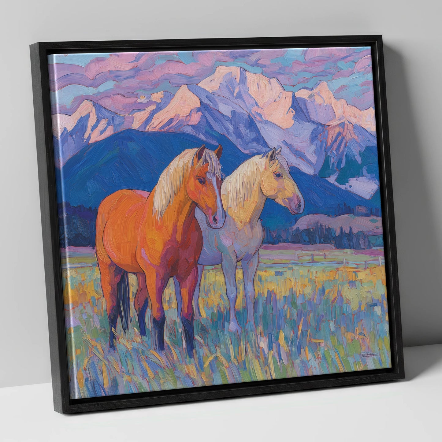 Painted Mountain Pasture horse landscape canvas wall art in black frame