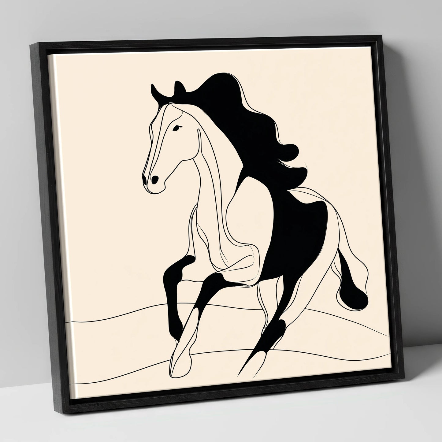 Dynamic Ink Silhouette horse portrait canvas wall art in black frame