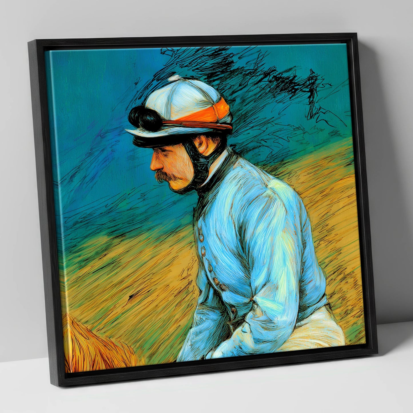 The Cerulean Silks racing horse canvas wall art in black frame