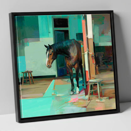 Quiet Yard in Teal horse stable canvas wall art in black frame
