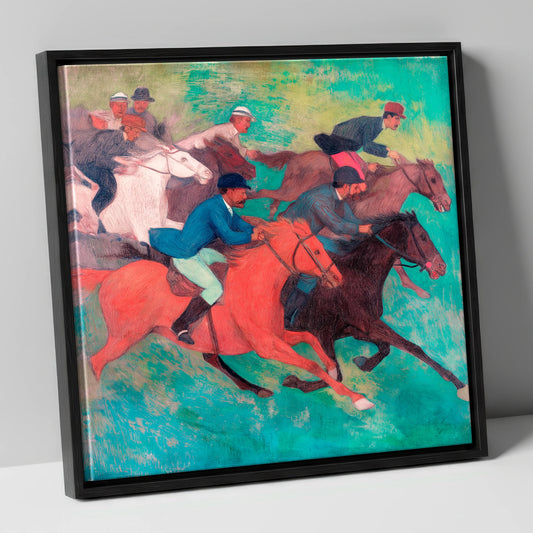 The Crimson Stride racing horse canvas wall art in black frame