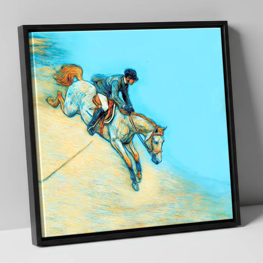 Bold Cerulean Flight show jumping horse canvas wall art in black frame