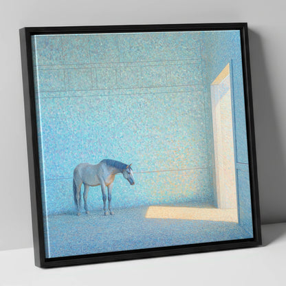 Luminous Grey horse stable canvas wall art in black frame