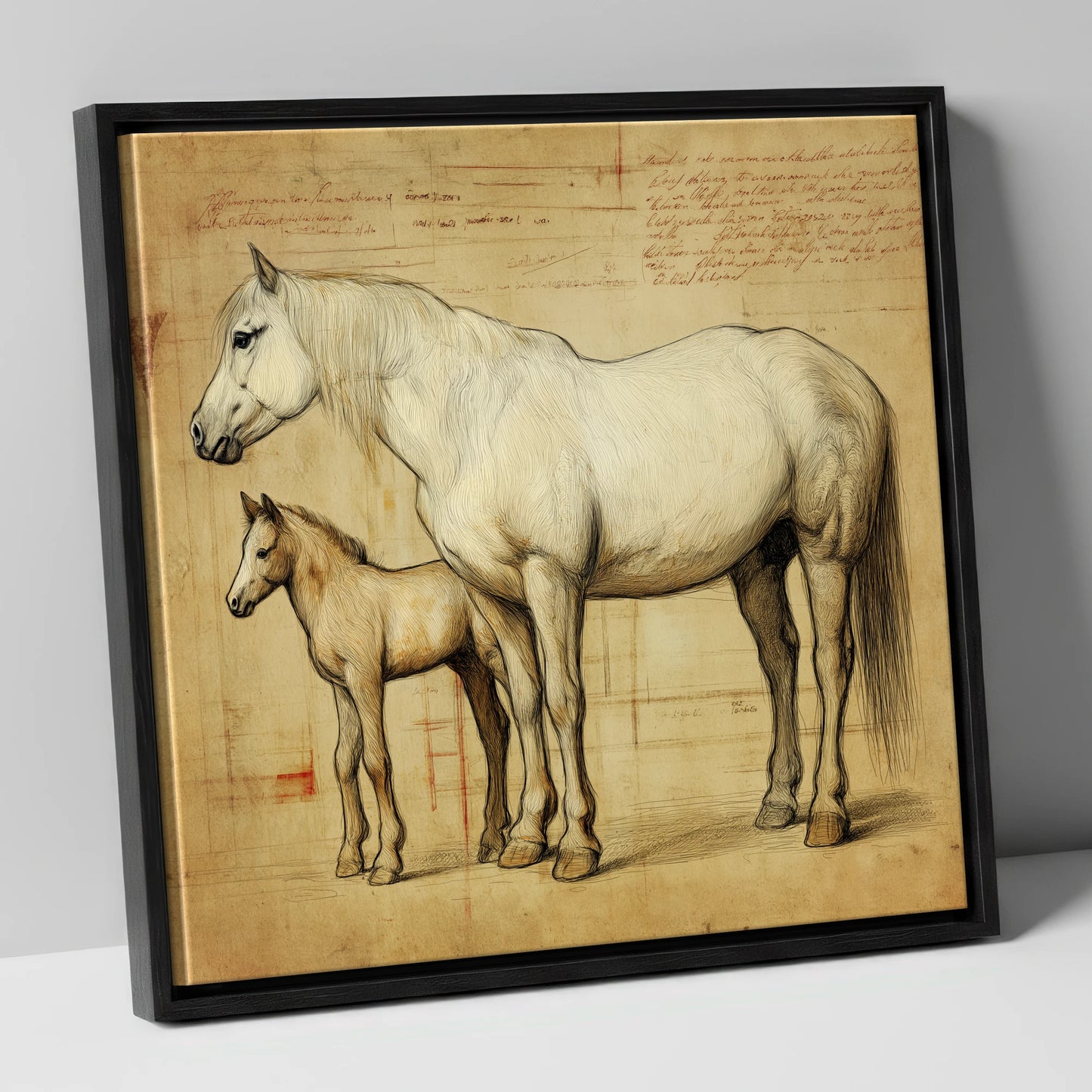 Heritage Mare and Foal Sketch mare & foal canvas wall art in black frame