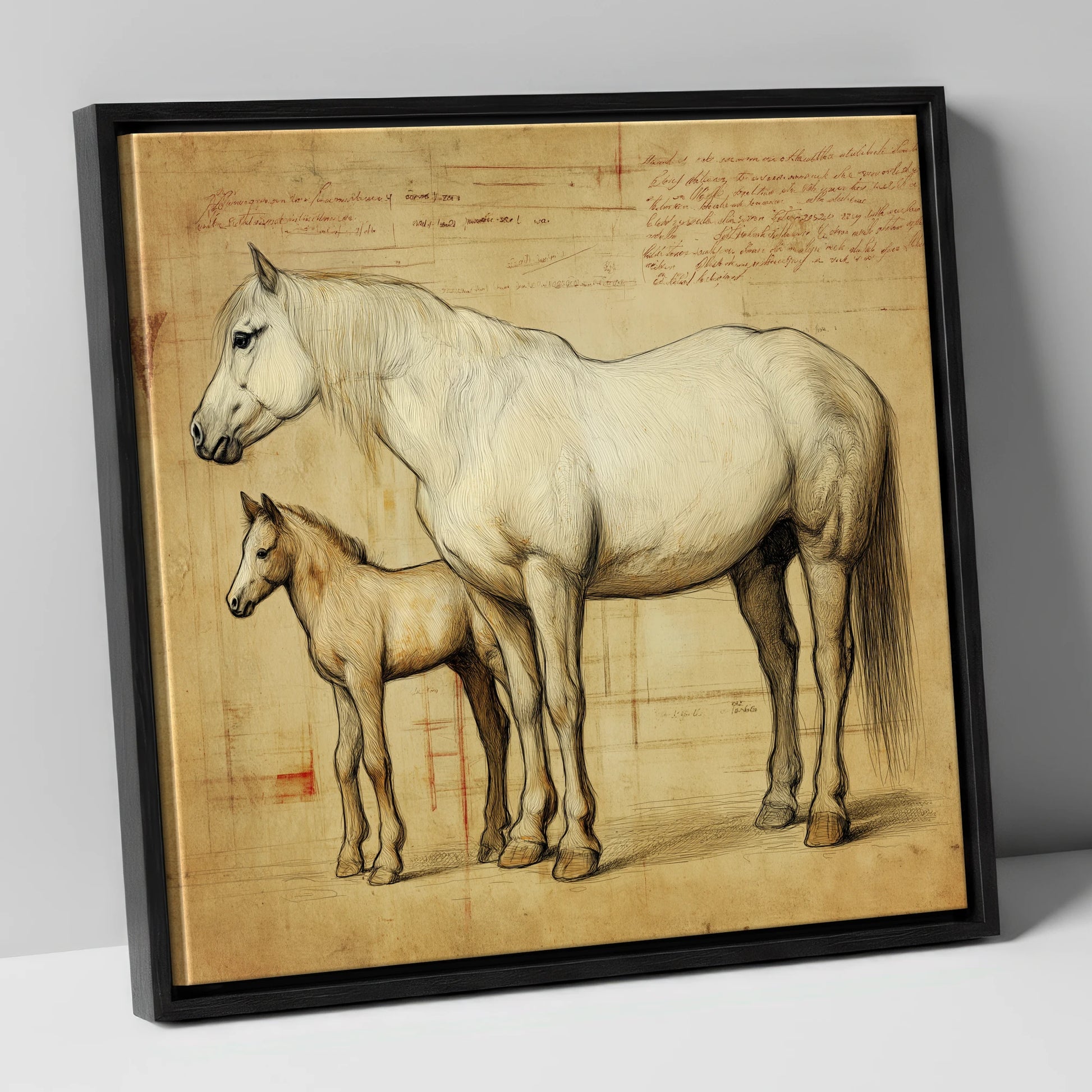 Heritage Mare and Foal Sketch mare & foal canvas wall art in black frame