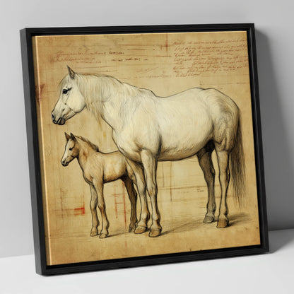 Heritage Mare and Foal Sketch mare & foal canvas wall art in black frame