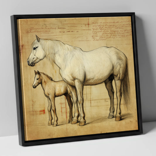 Heritage Mare and Foal Sketch mare & foal canvas wall art in black frame