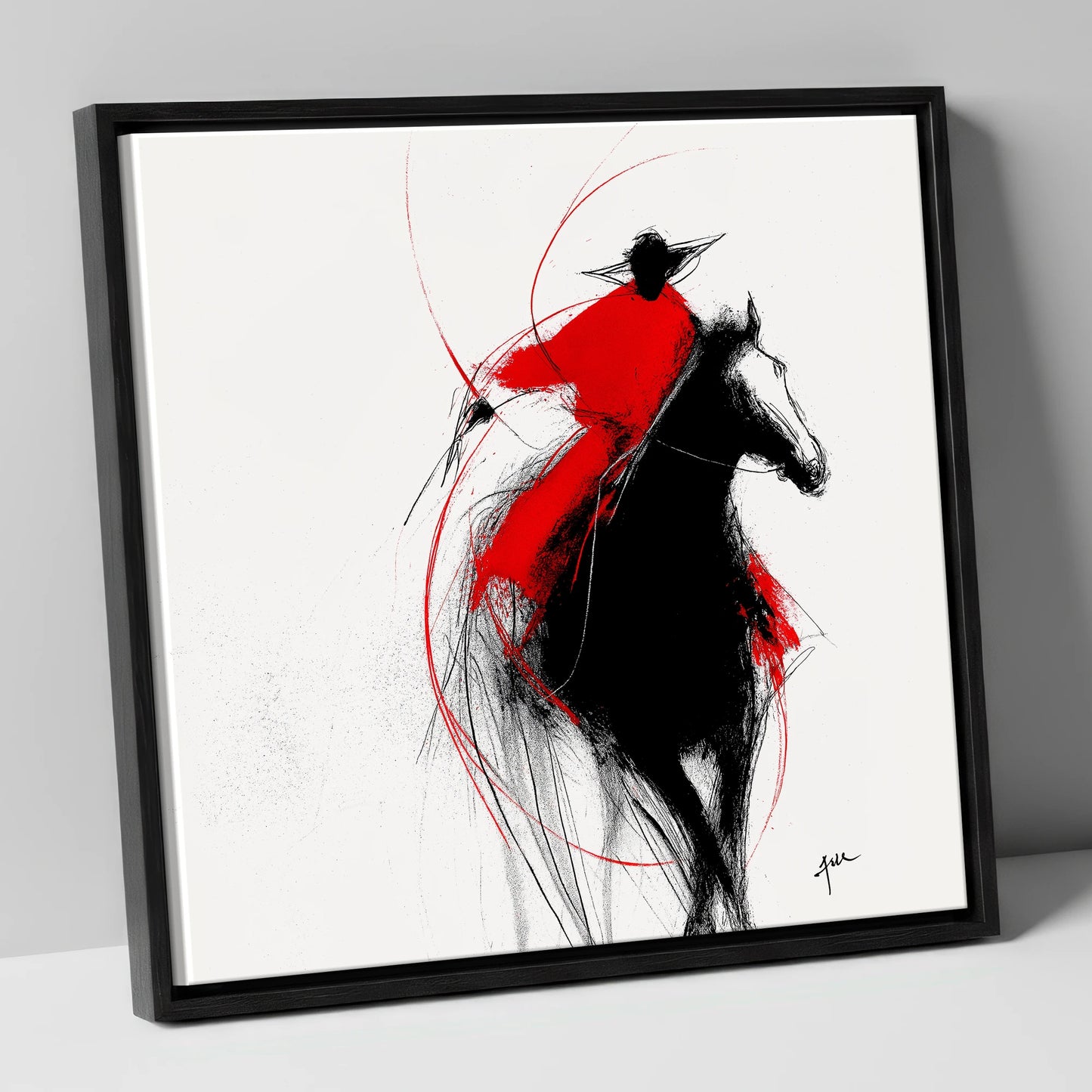 Crimson Surge racing horse canvas wall art in black frame