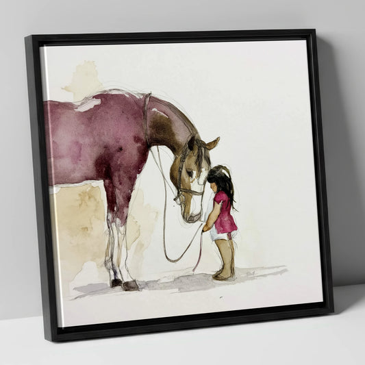 Young Girl and Burgundy Horse horse & rider canvas wall art in black frame