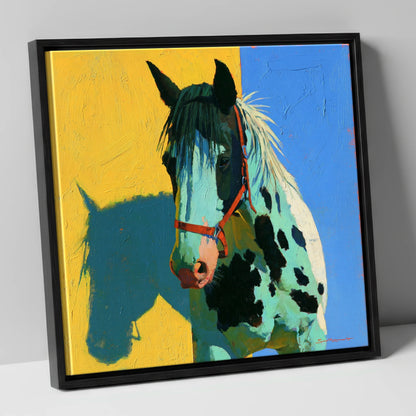 Spotted Horse with Teal Shadow horse breed canvas wall art in black frame