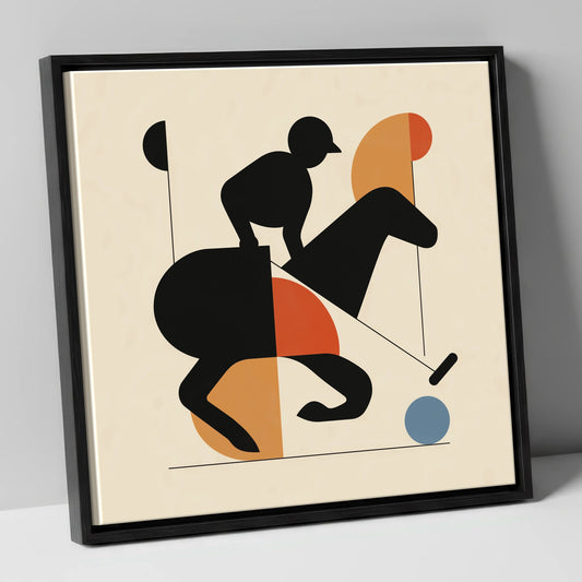 Mid-Century Polo Strike polo horse canvas wall art in black frame
