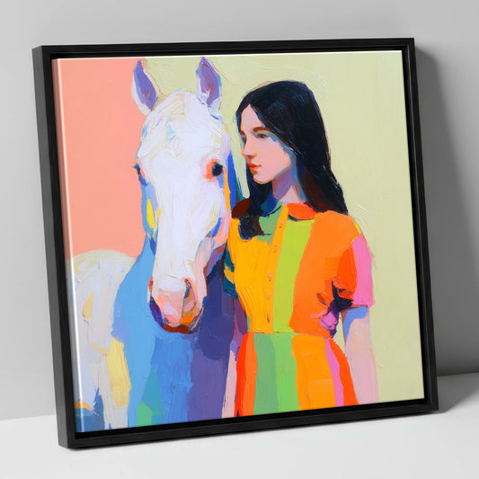 Vibrant Harmony horse & rider canvas wall art in black frame